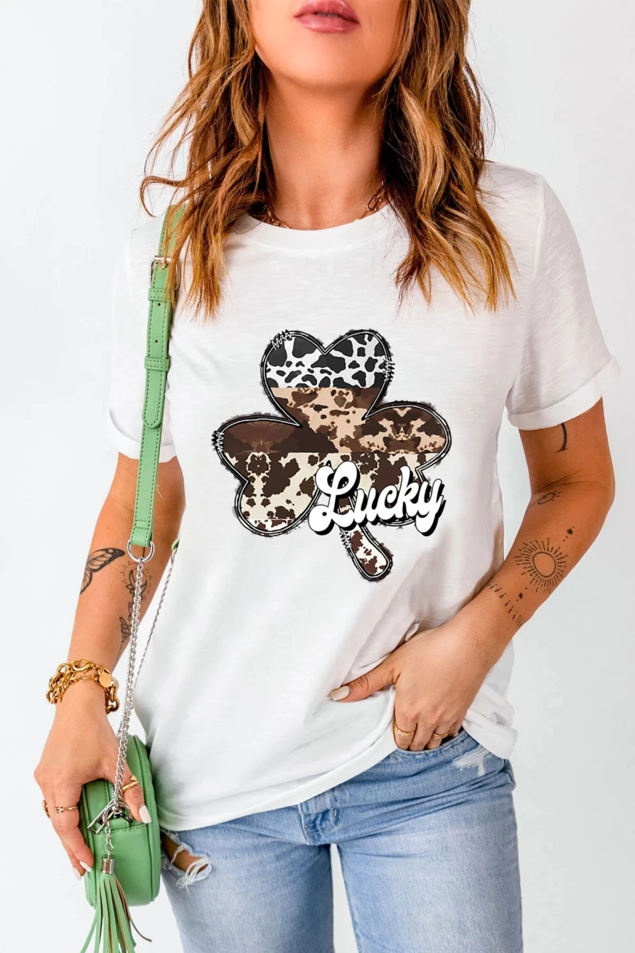 "SheWin Women's White St Patrick's Day Leopard Print Clover Lucky Graphic T-Shirt"
