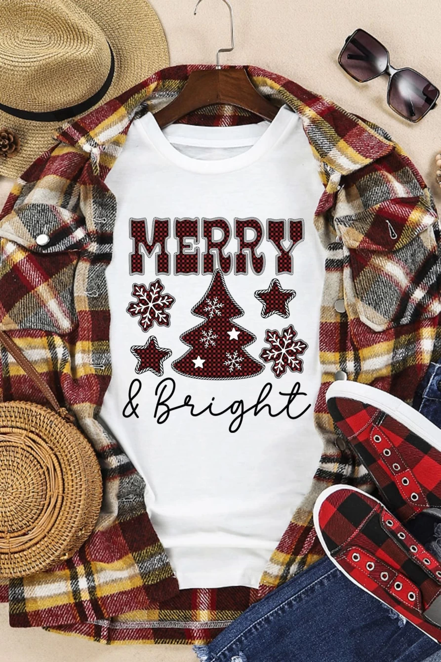 "SheWin Women's White Merry And Bright Plaid Print Christmas Graphic T-Shirt"