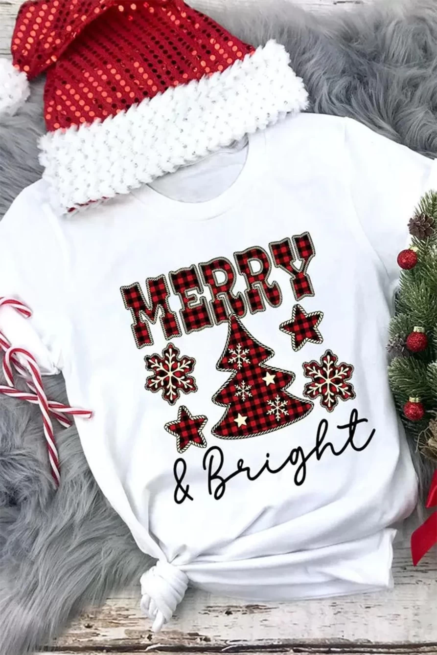 "SheWin Women's White Merry And Bright Plaid Print Christmas Graphic T-Shirt"