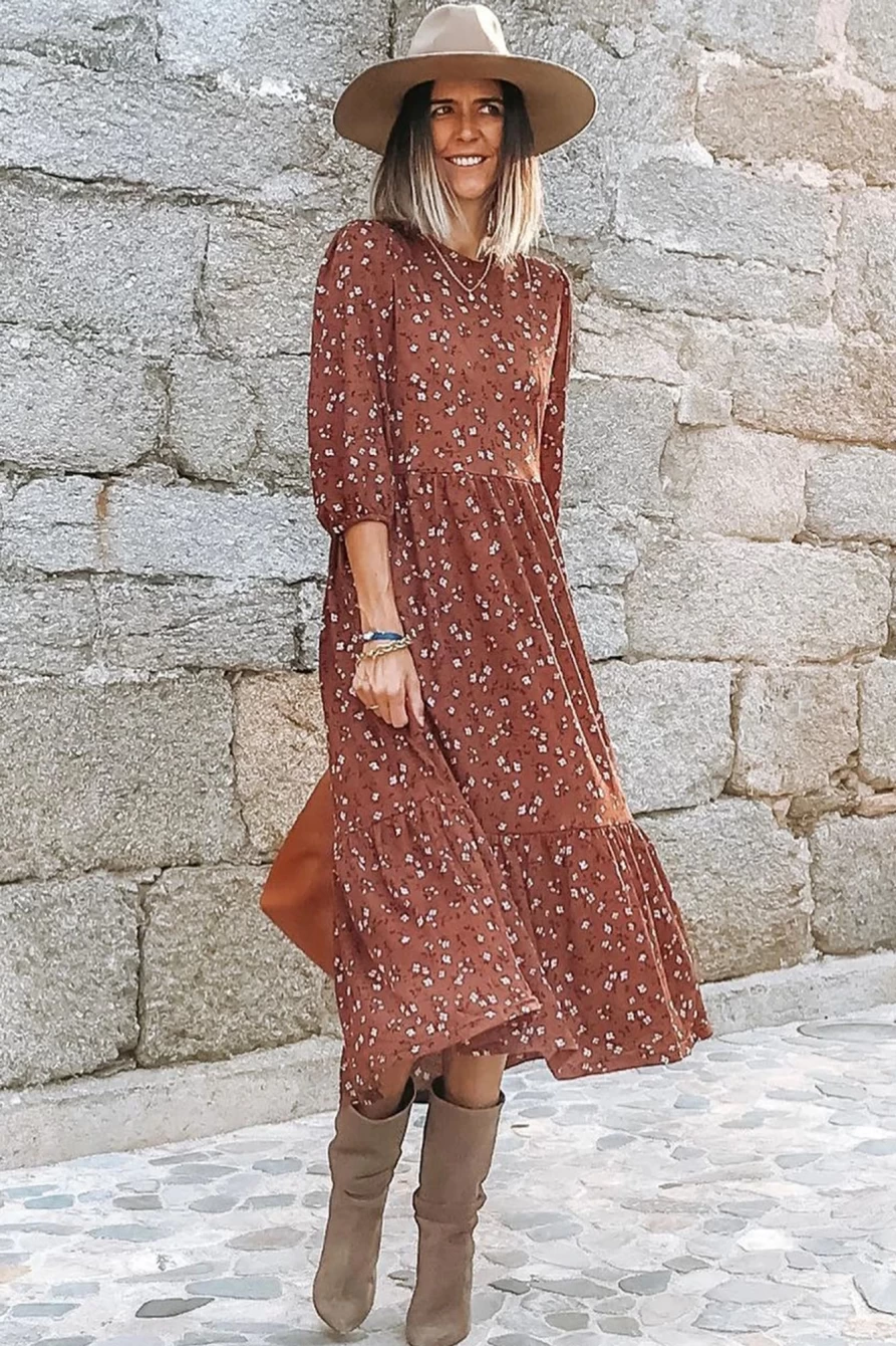 Shewin Women's Chestnut Floral Print 3/4 Sleeve Ruffle Hem Midi Dress