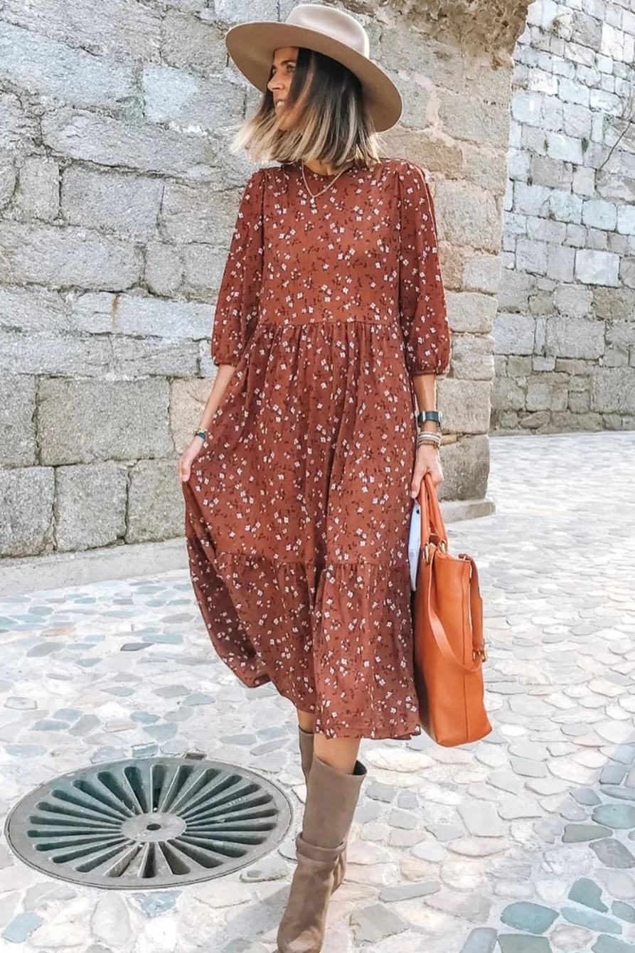 Shewin Women's Chestnut Floral Print 3/4 Sleeve Ruffle Hem Midi Dress