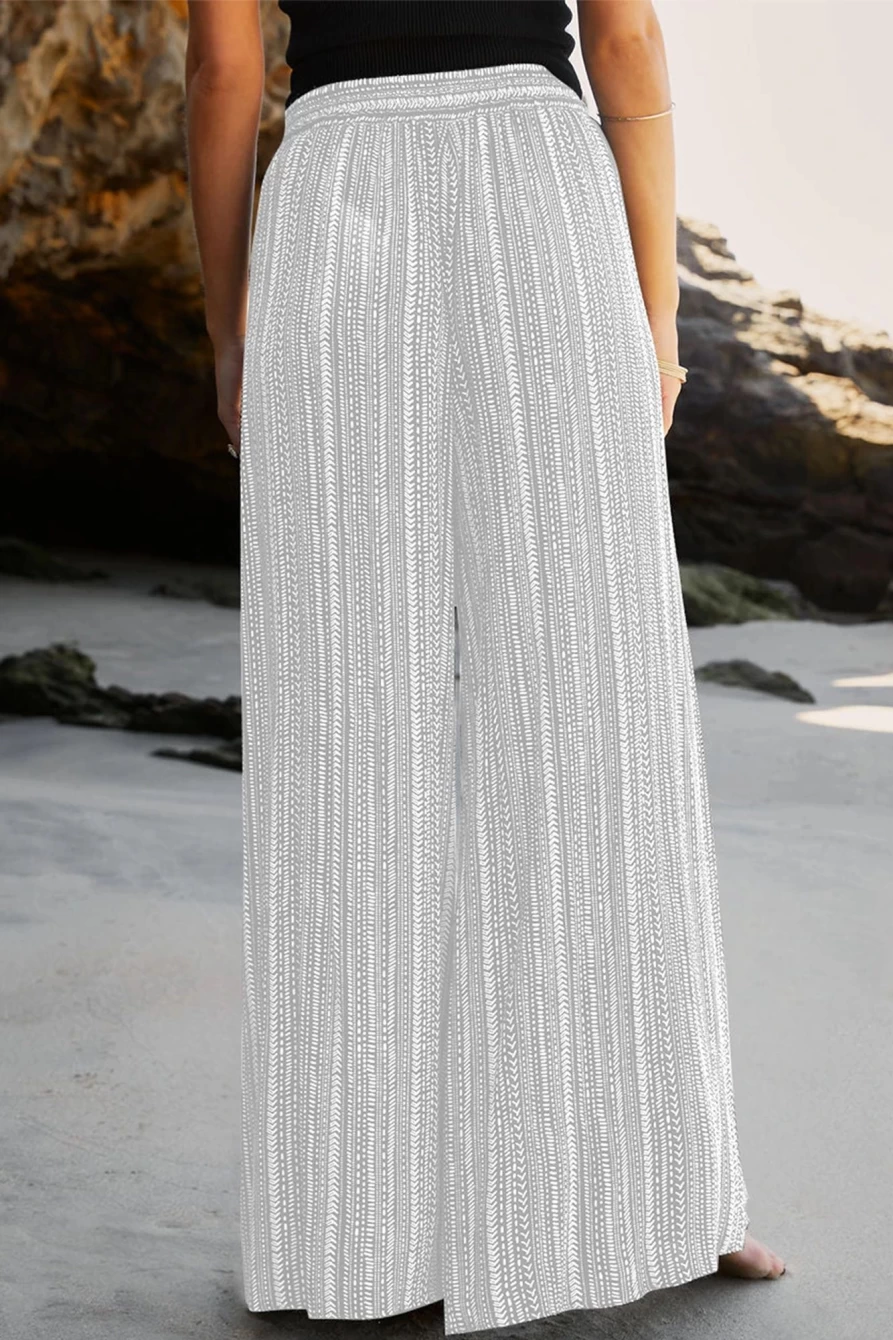 Shewin Women's White Striped High Waist Wide Leg Pants with Side Slit & Printed Design