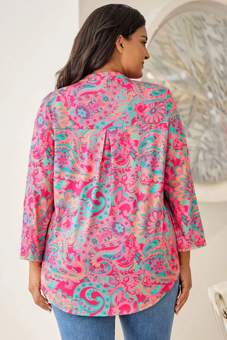 Shewin Women's Plus Size Rose Paisley Print Blouse with Split Neck & Roll Tab Sleeves