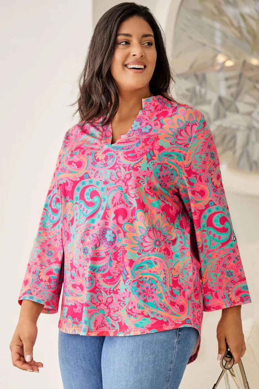 Shewin Women's Plus Size Rose Paisley Print Blouse with Split Neck & Roll Tab Sleeves