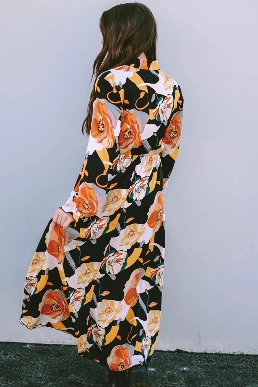 Shewin Women's Orange Floral Print Tie Neck Long Sleeve Maxi Dress