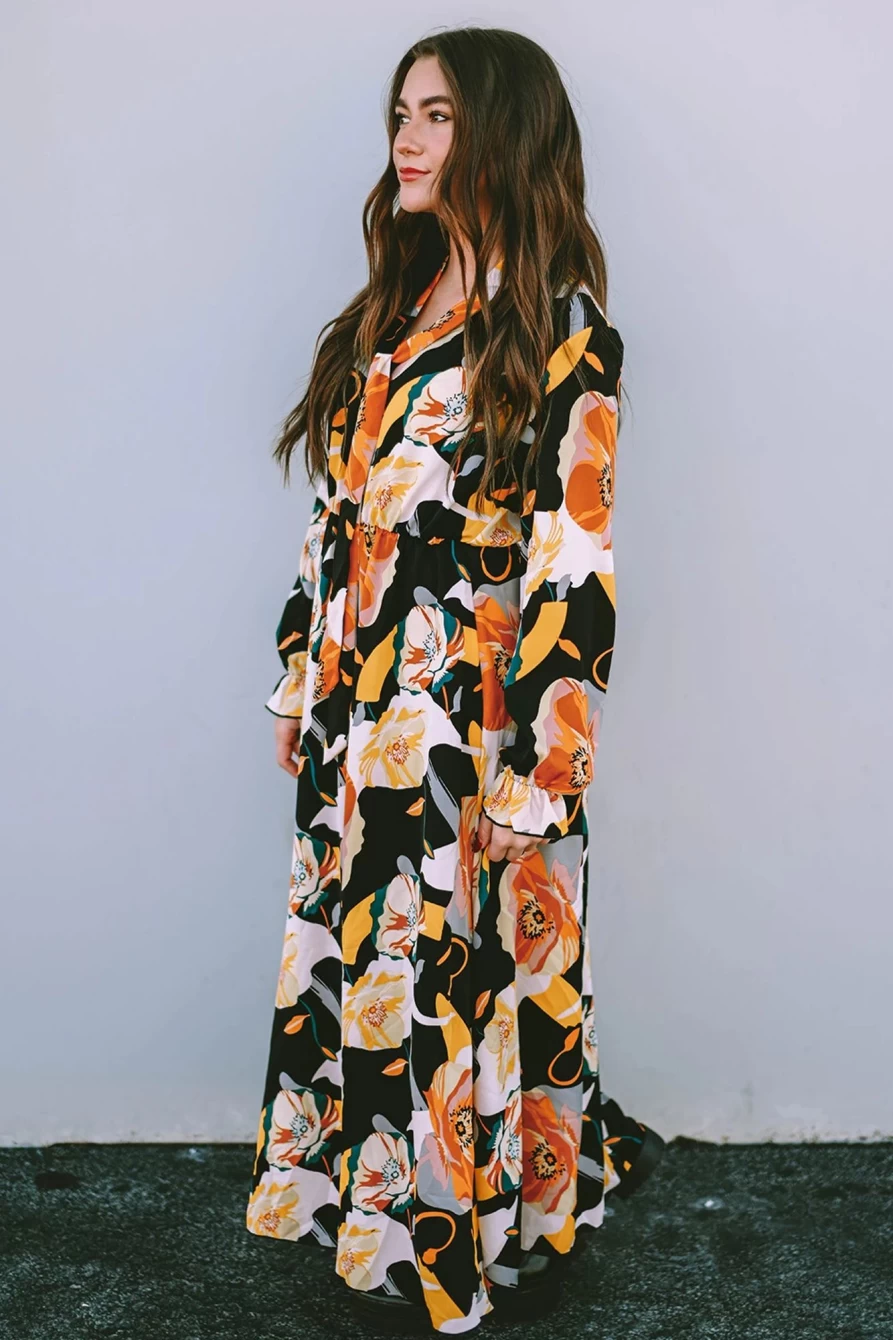Shewin Women's Orange Floral Print Tie Neck Long Sleeve Maxi Dress