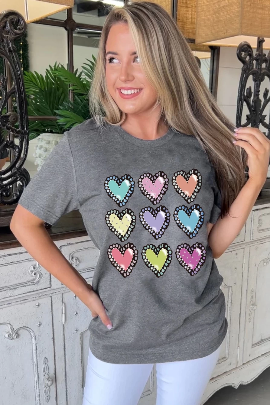 Shewin Women's Gray Casual Heart Print Crew Neck T-Shirt