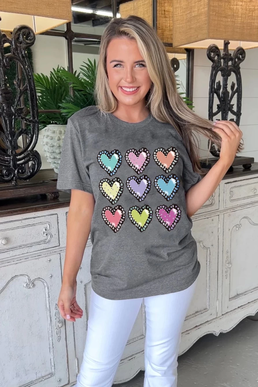 Shewin Women's Gray Casual Heart Print Crew Neck T-Shirt