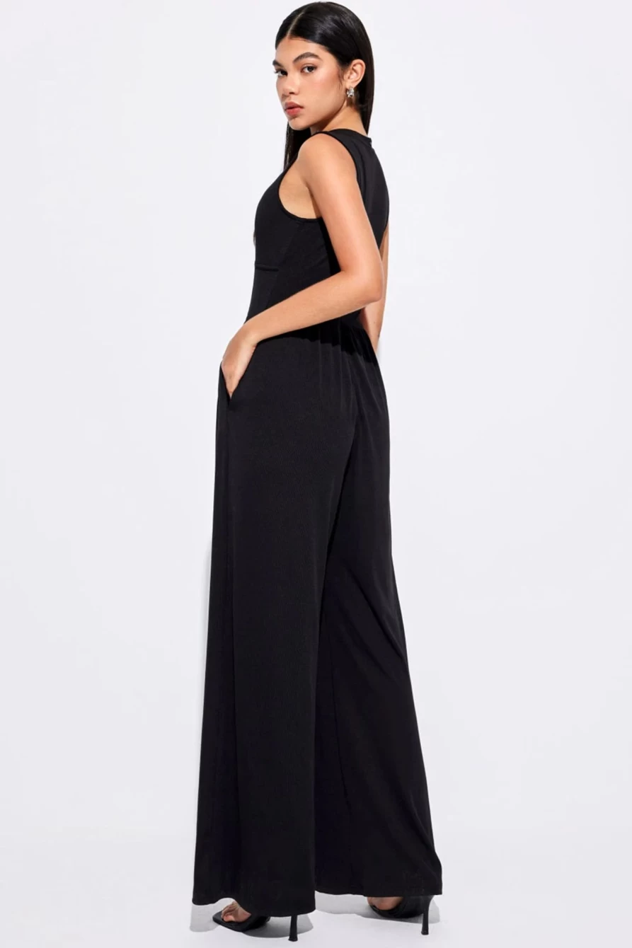 Women's Black Sleeveless High Waist Wide Leg Jumpsuit by Shewin - Trendy Plus Size Romper for Summer