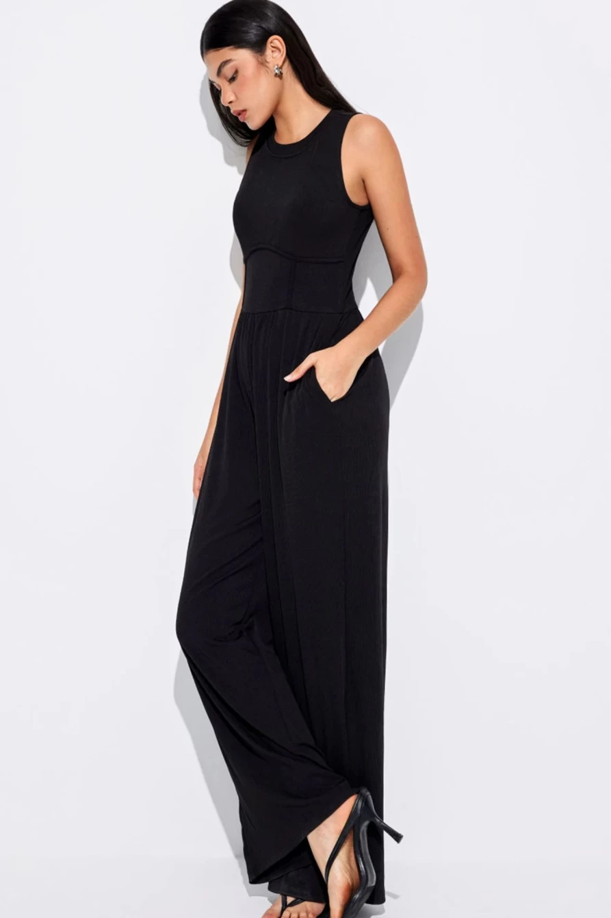 Women's Black Sleeveless High Waist Wide Leg Jumpsuit by Shewin - Trendy Plus Size Romper for Summer
