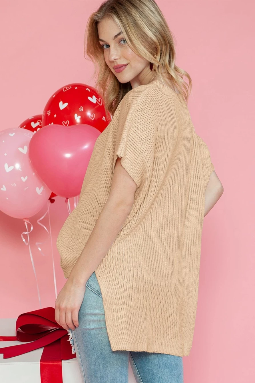 Shewin Women's Apricot Oversized Sweater with Side Slit & Short Sleeves