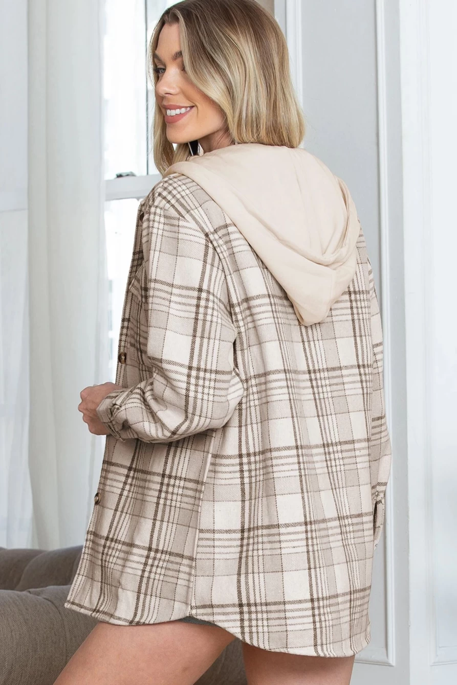 Shewin Women's Khaki Plaid Hooded Jacket - Removable Button-Up Coat for Stylish Layering