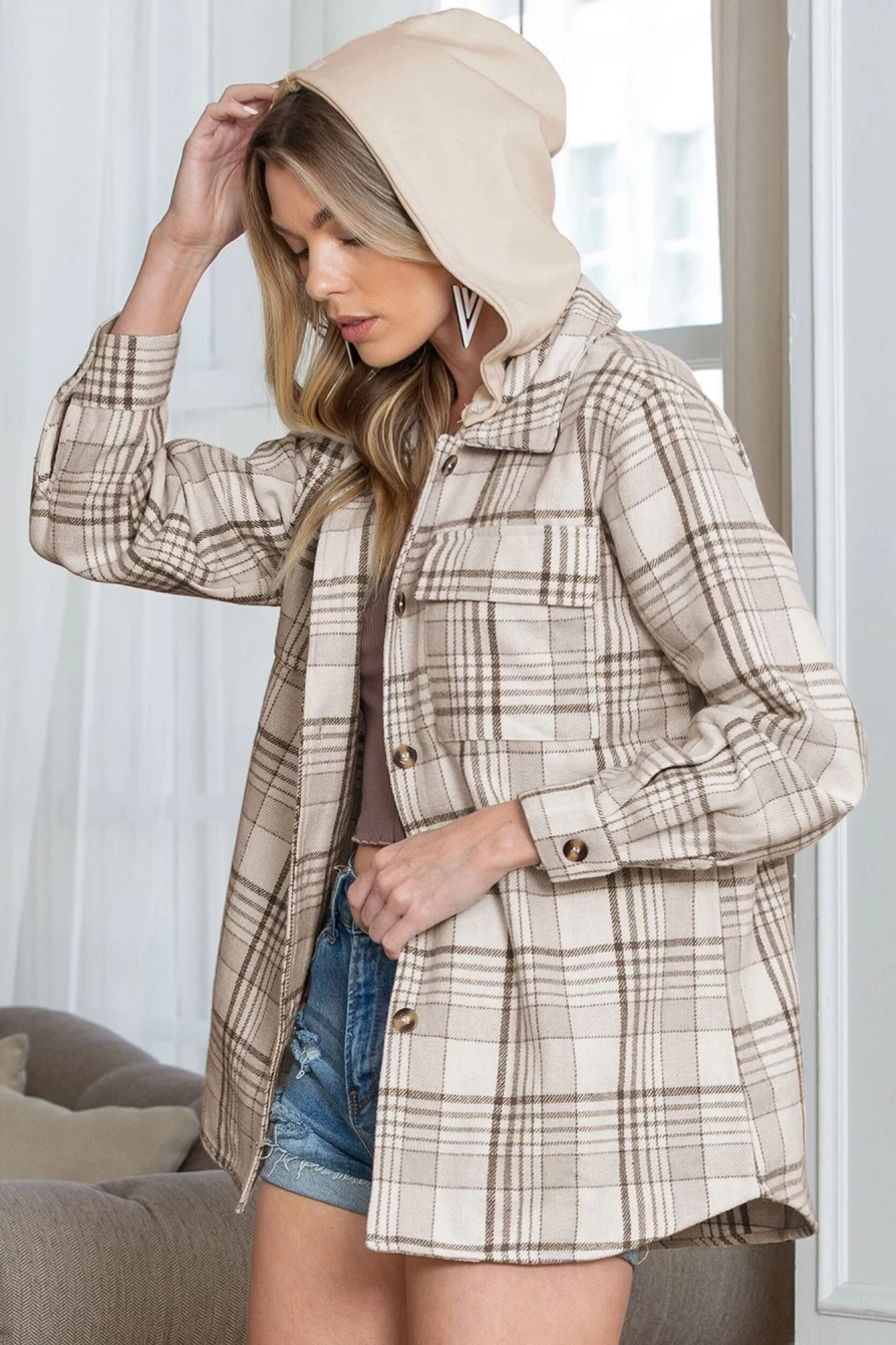 Shewin Women's Khaki Plaid Hooded Jacket - Removable Button-Up Coat for Stylish Layering