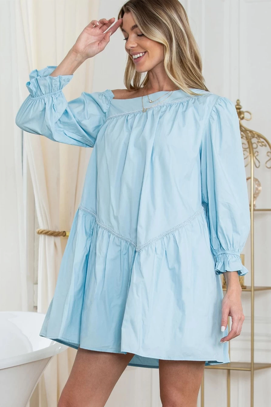 Shewin Women's Sky Blue Puff Sleeve Asymmetrical Pleated Mini Dress with Flowy Hem