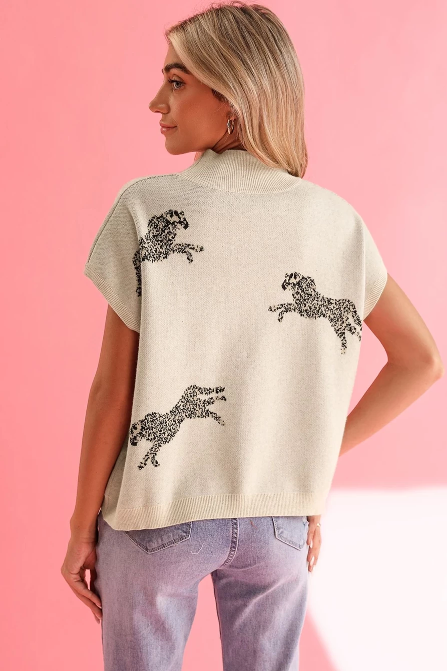 Shewin Women's Apricot Cheetah Print Mock Neck Short Sleeve Sweater Top