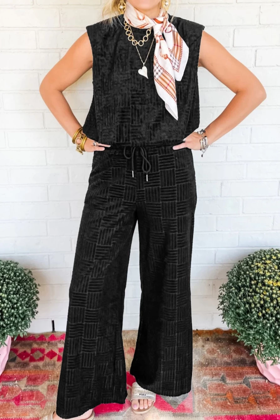 Shewin Women's Black Textured Tank Top & Drawstring Wide Leg Pants Set