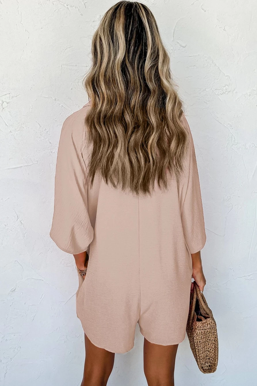 Shewin Women's Apricot Loose Romper with Half Button Collar and Pocket