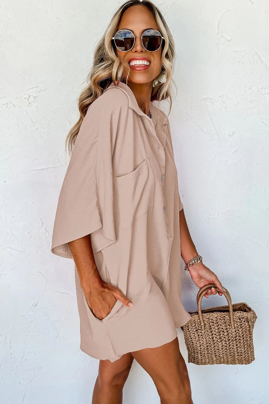 Shewin Women's Apricot Loose Romper with Half Button Collar and Pocket