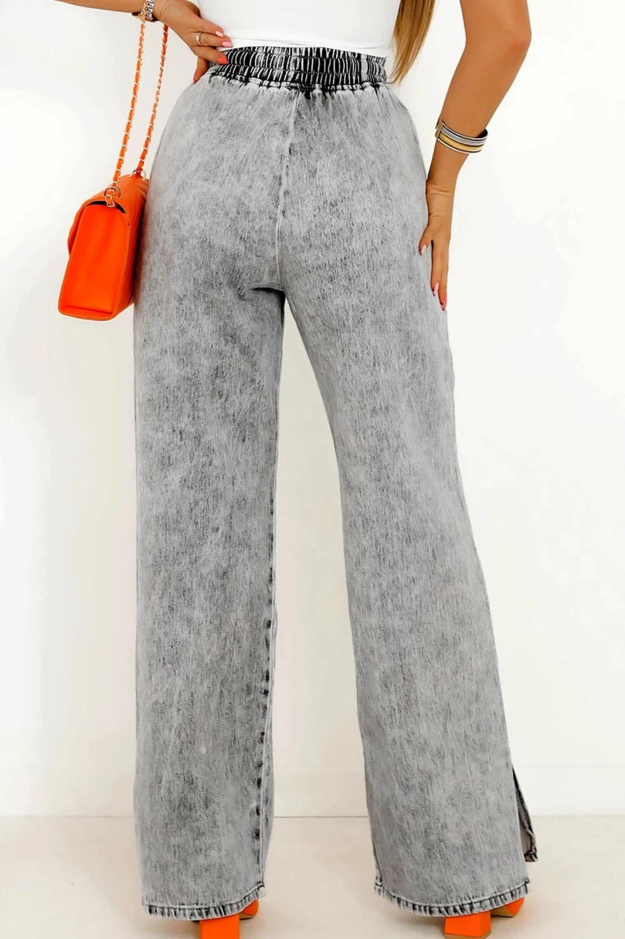 Shewin Women's Medium Grey Elastic Waist Drawstring Wide Leg Jeans