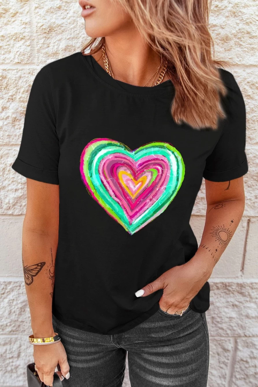 Shewin Women's Black Valentine Heart Print Graphic Tee - Romantic Crew Neck T-Shirt
