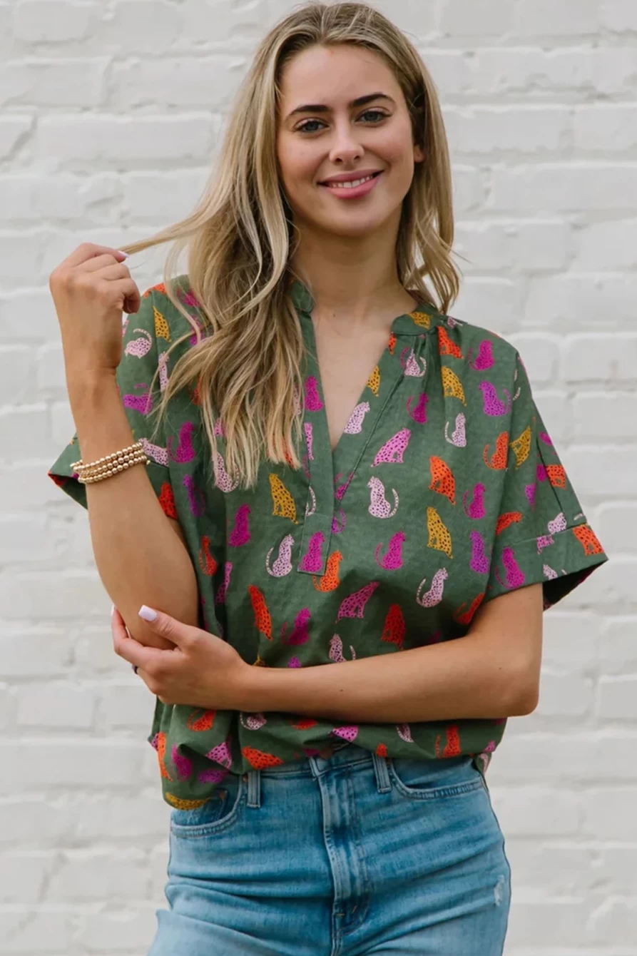 Shewin Women's Cheetah Print Split V-Neck Blouse in Blackish Green