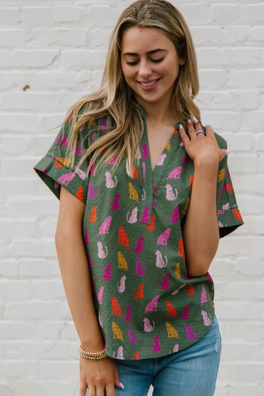 Shewin Women's Cheetah Print Split V-Neck Blouse in Blackish Green