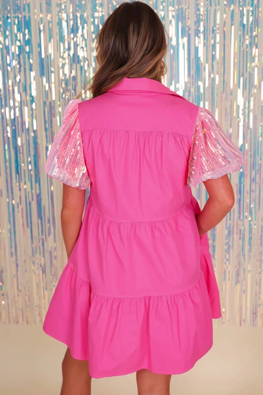 Shewin Women's Bonbon Sequins Bubble Sleeve Tiered Mini Shirt Dress - Sparkly Party Outfit