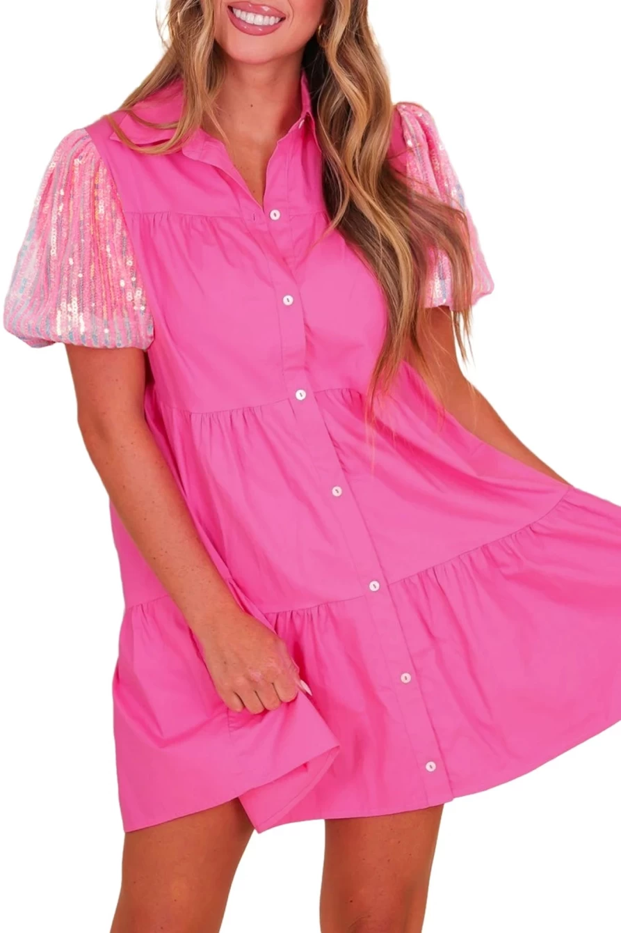 Shewin Women's Bonbon Sequins Bubble Sleeve Tiered Mini Shirt Dress - Sparkly Party Outfit
