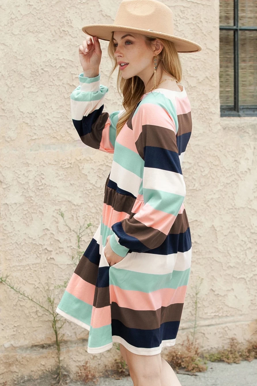 Shewin Women's Multicolor Striped Long Sleeve Mini Dress - Color Block Design