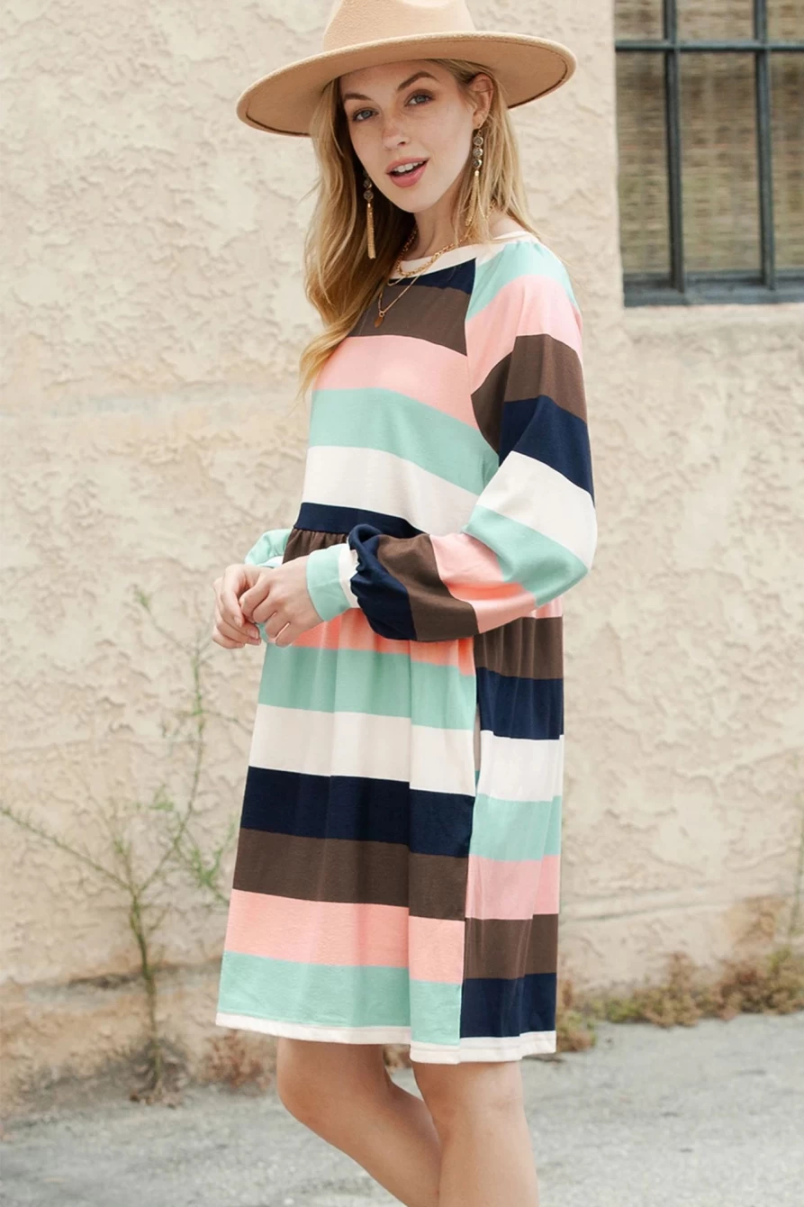 Shewin Women's Multicolor Striped Long Sleeve Mini Dress - Color Block Design