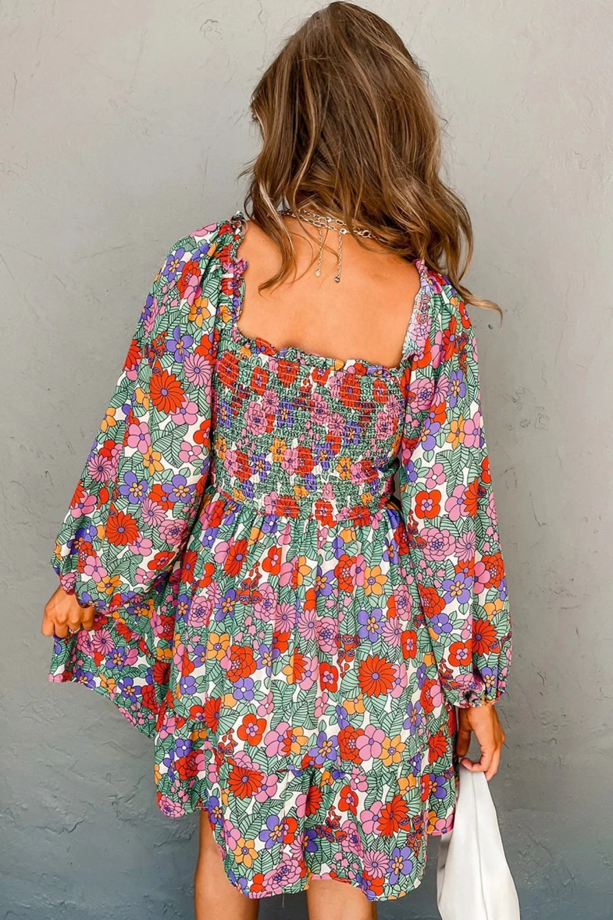 Shewin Women's Multicolour Floral Smocked Bust Square Neck Ruffled Dress