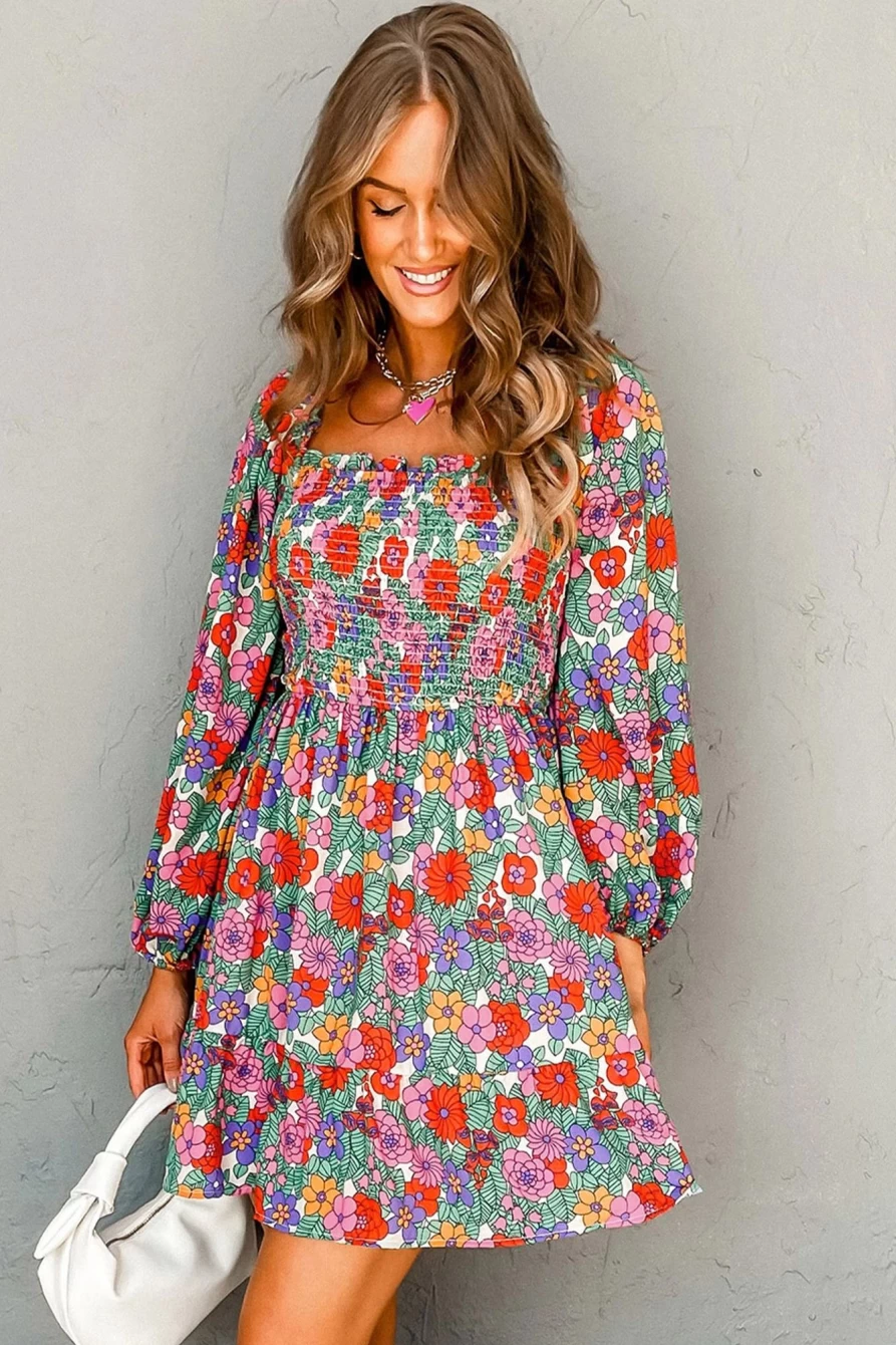 Shewin Women's Multicolour Floral Smocked Bust Square Neck Ruffled Dress