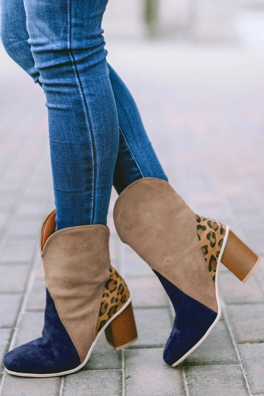 Shewin Women's Leopard Print Patchwork Chunky Block Heel Boots