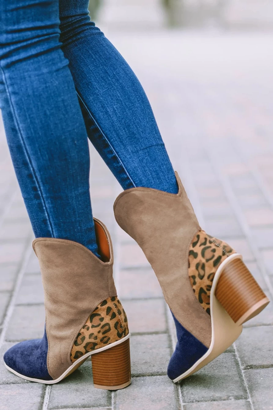 Shewin Women's Leopard Print Patchwork Chunky Block Heel Boots