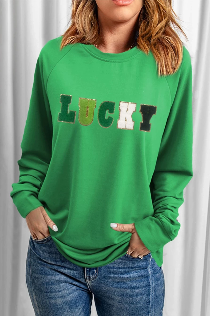Shewin Women's Green St Patrick's Day Lucky Chenille Letter Graphic Sweatshirt