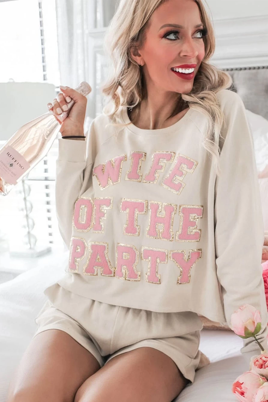 Shewin Women's Apricot Letter Embroidered Sweatshirt & Shorts Loungewear Set