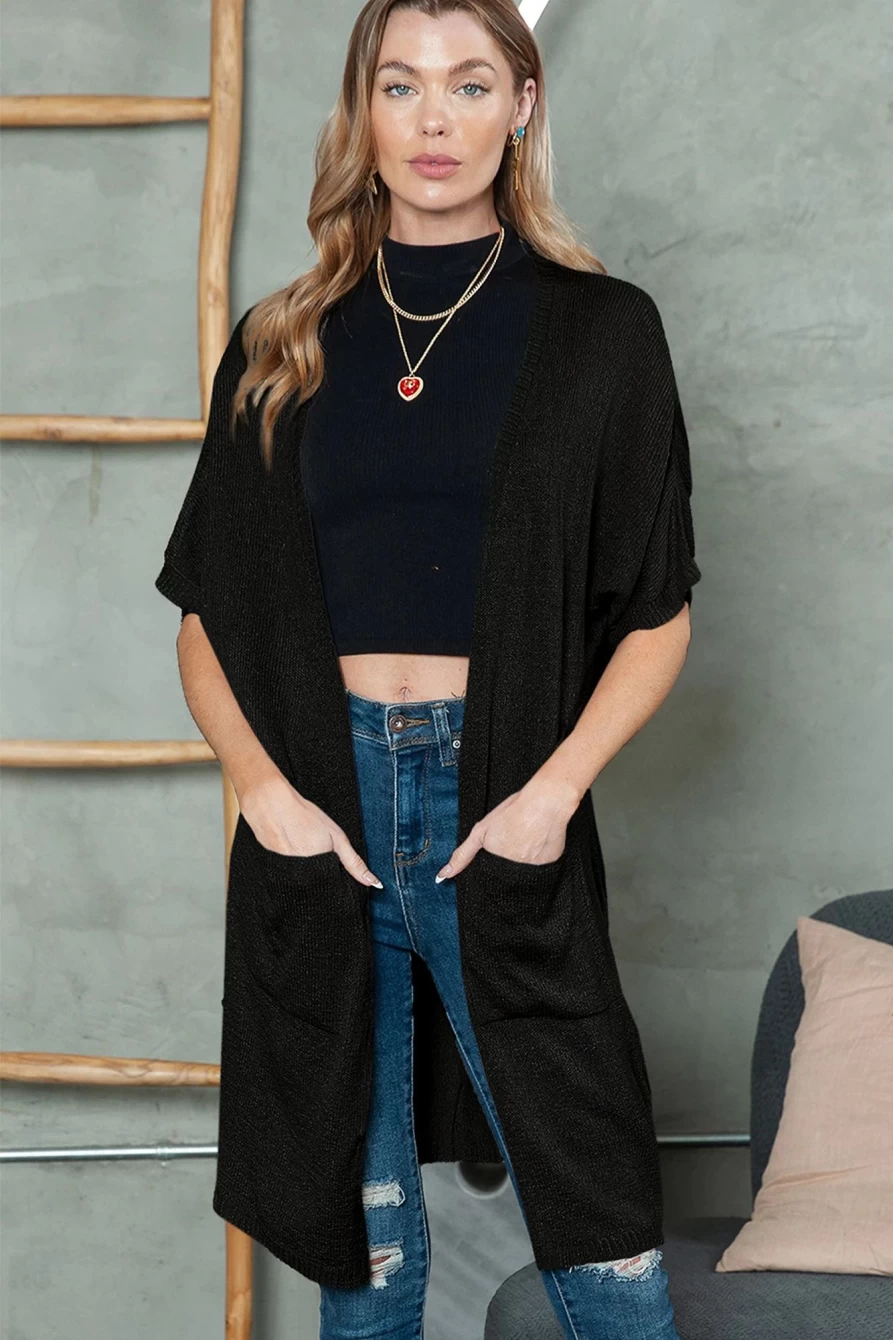 Shewin Women's Black Dolman Long Cardigan with Half Sleeves and Pockets