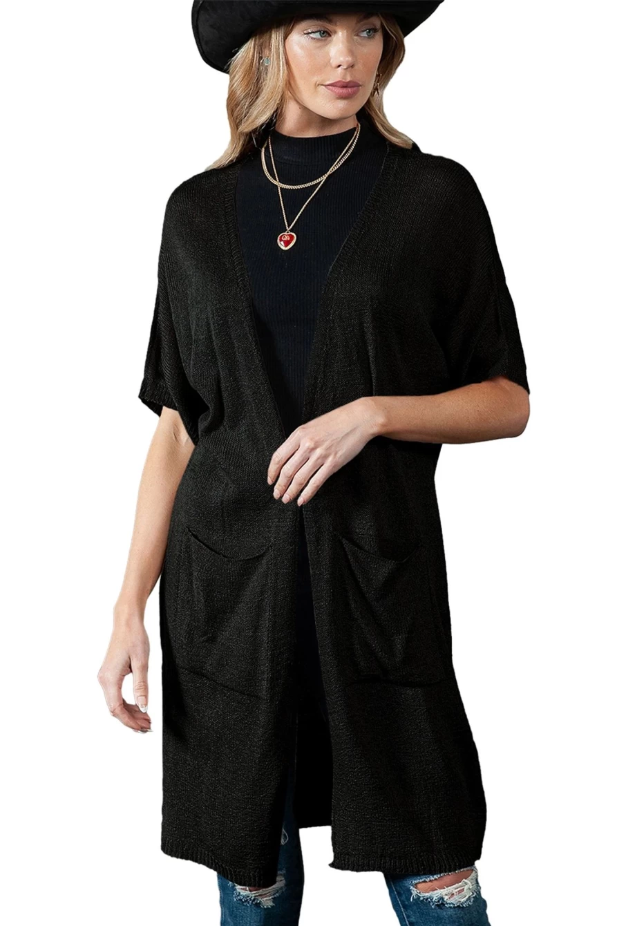 Shewin Women's Black Dolman Long Cardigan with Half Sleeves and Pockets