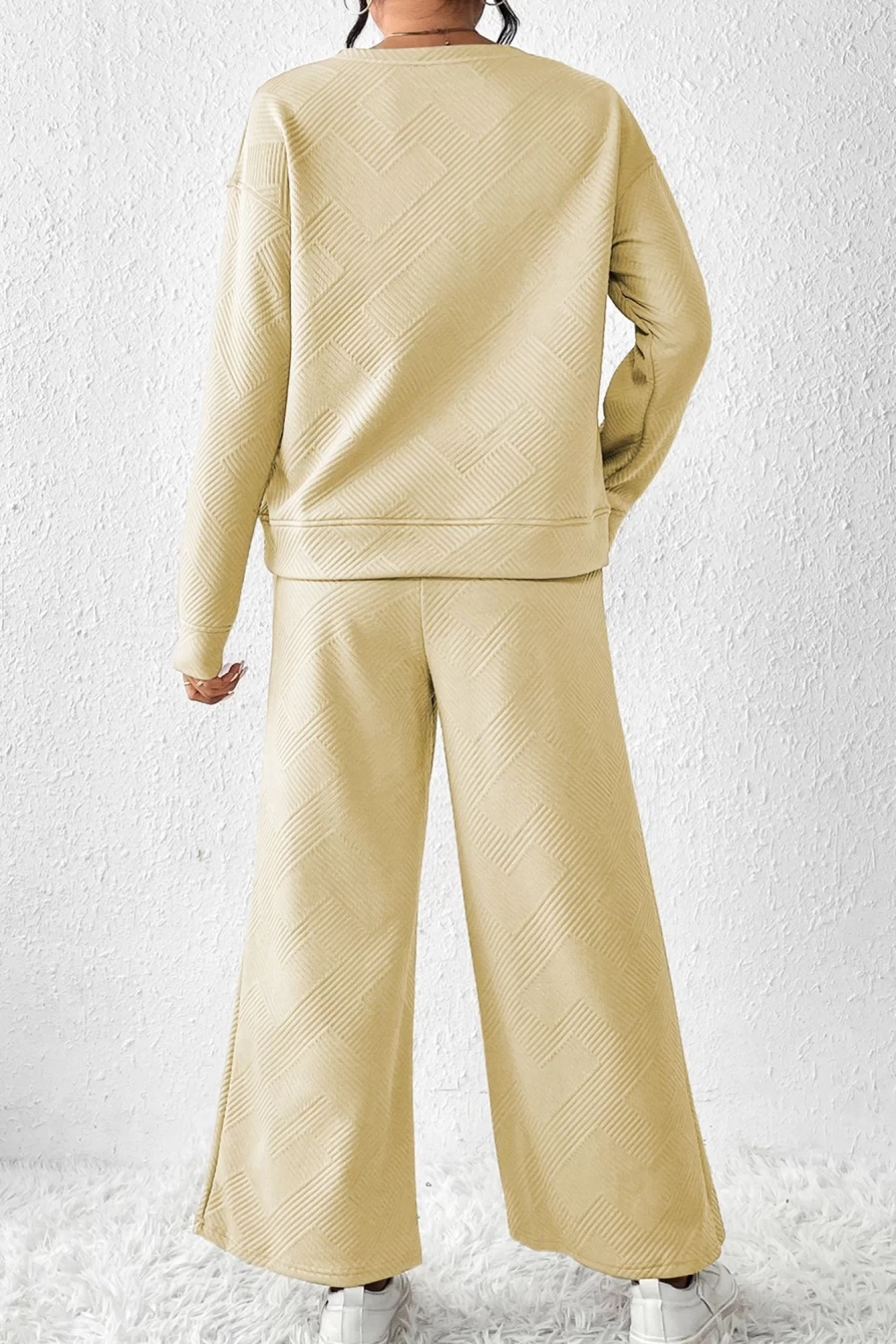 Shewin Women's Apricot Textured Loose Slouchy Long Sleeve Top and Pants Set