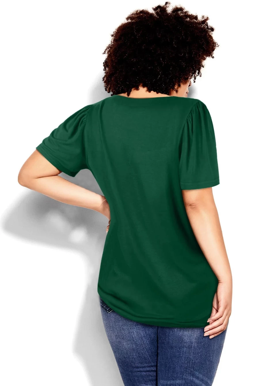 Shewin Women's Plus Size Green Chenille Lucky Graphic Square Neck T-Shirt