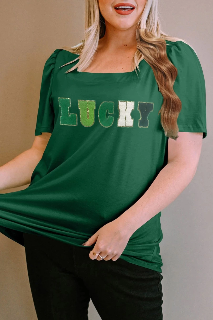 Shewin Women's Plus Size Green Chenille Lucky Graphic Square Neck T-Shirt