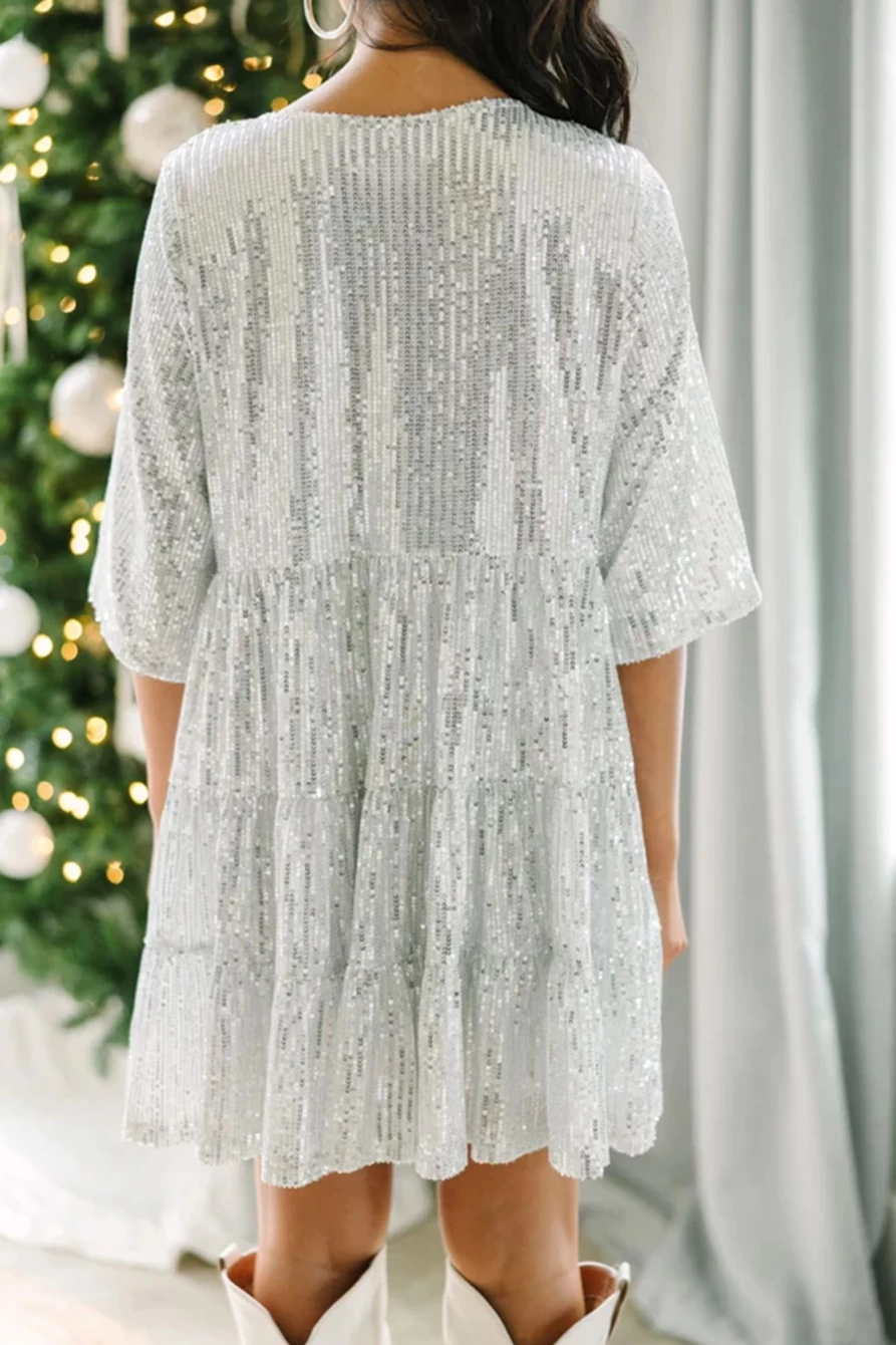 Shewin Women's Sequin Party Mini Dress - Silvery Round Neck Half Sleeve Cocktail Dress