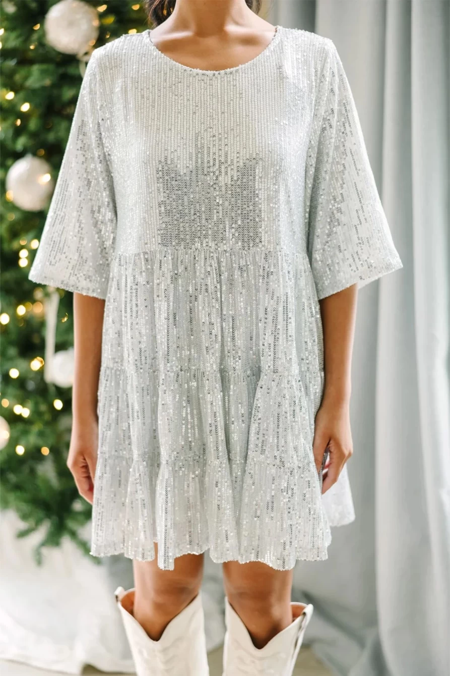 Shewin Women's Sequin Party Mini Dress - Silvery Round Neck Half Sleeve Cocktail Dress