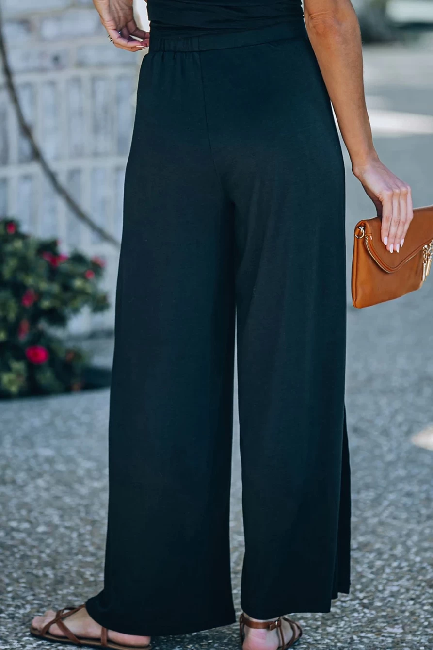 Shewin Women's Black Casual Wide Leg Pants with Side Slit Mid Waist