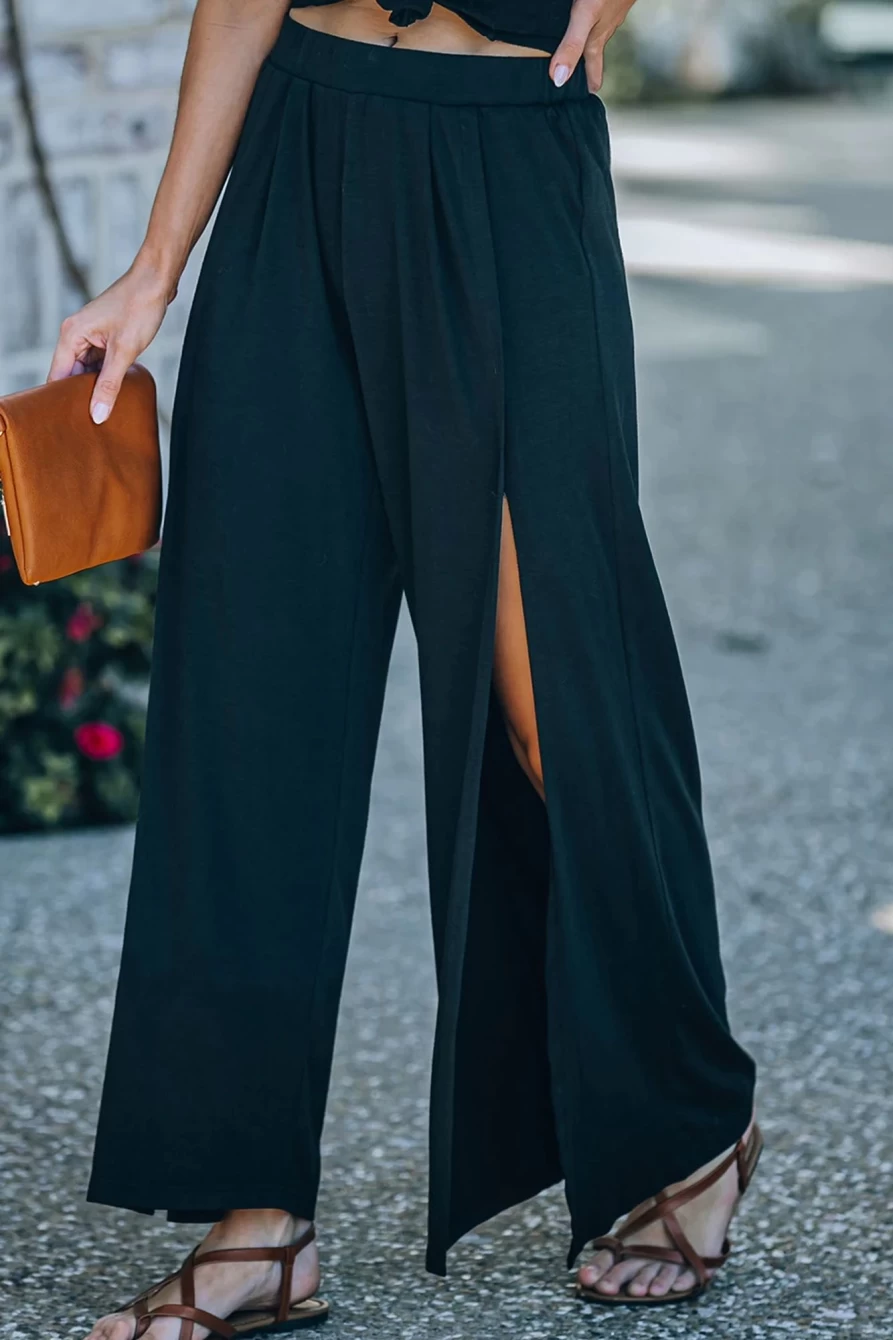 Shewin Women's Black Casual Wide Leg Pants with Side Slit Mid Waist