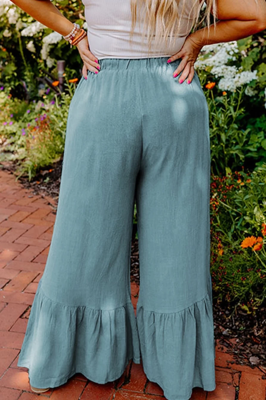 Shewin Women's Sky Blue Plus Size High Waist Ruffle Patchwork Wide Leg Pants