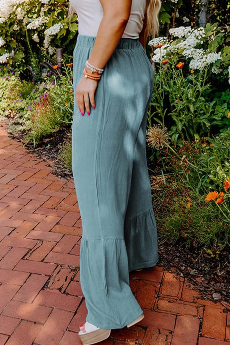 Shewin Women's Sky Blue Plus Size High Waist Ruffle Patchwork Wide Leg Pants
