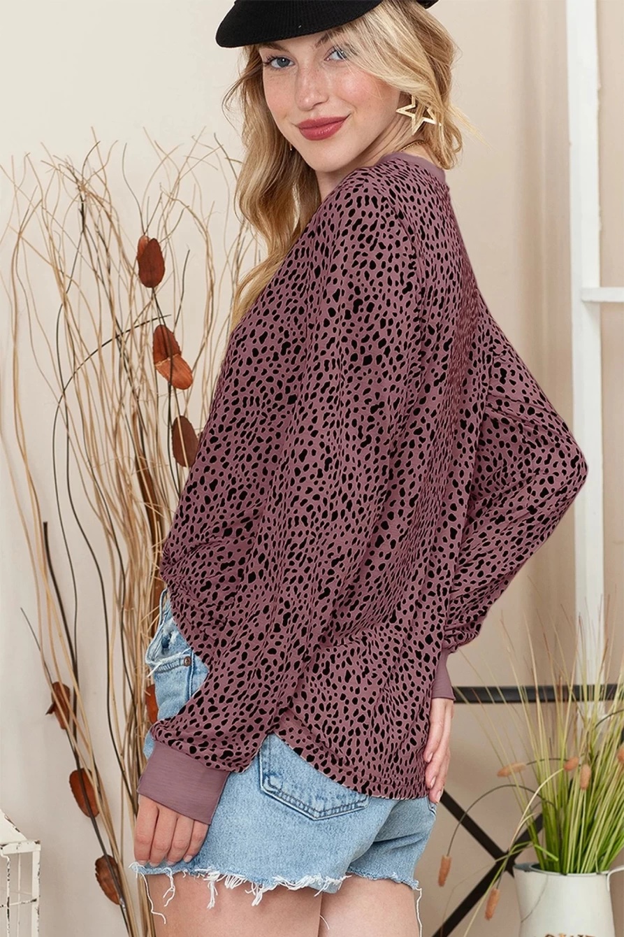 Shewin Women's Red Animal Spotted Print Long Sleeve Round Neck Top