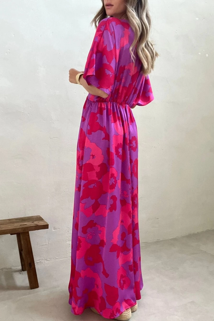 "SheWin Women's Rose Abstract Floral Print V-Neck Split Maxi Dress"