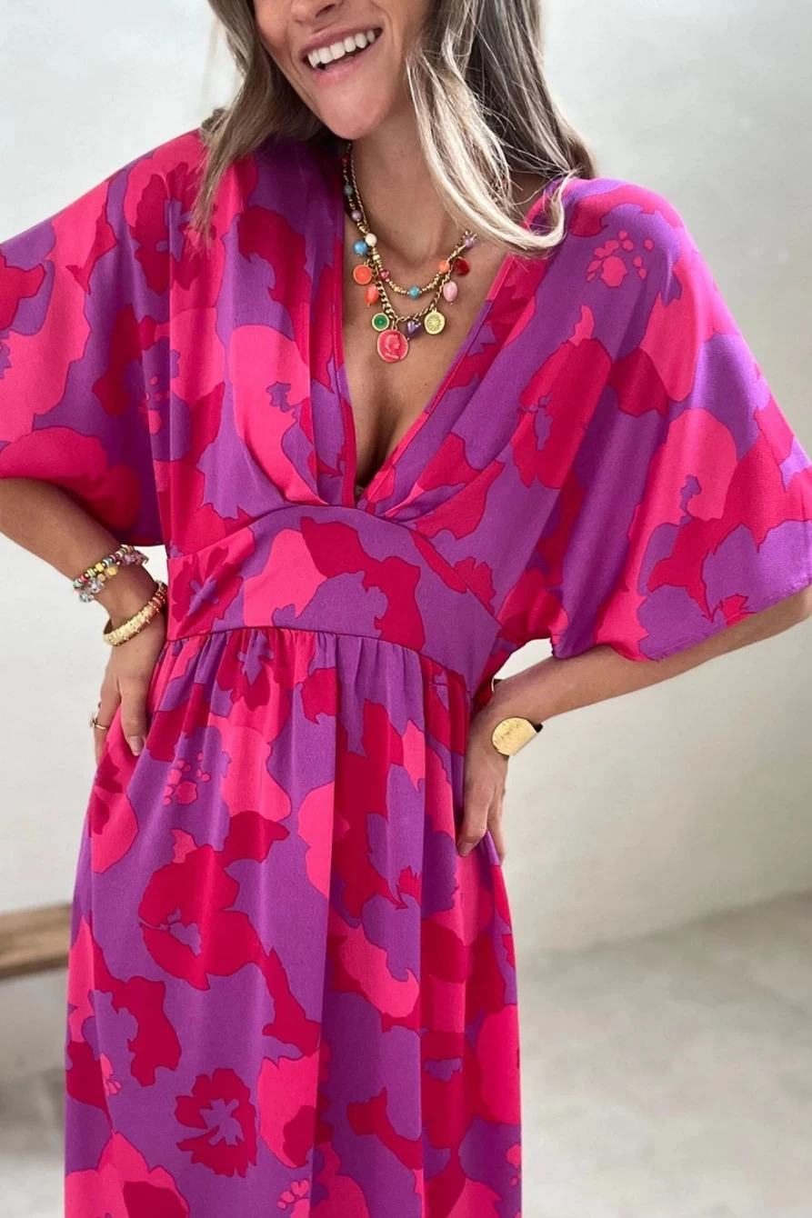 "SheWin Women's Rose Abstract Floral Print V-Neck Split Maxi Dress"